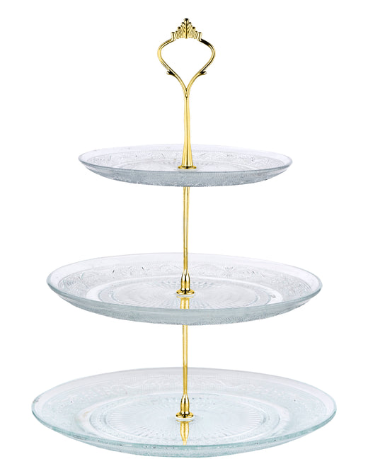 Nyxi Glass 3 Tier Cake Stand Round Display with New Gold Fittings