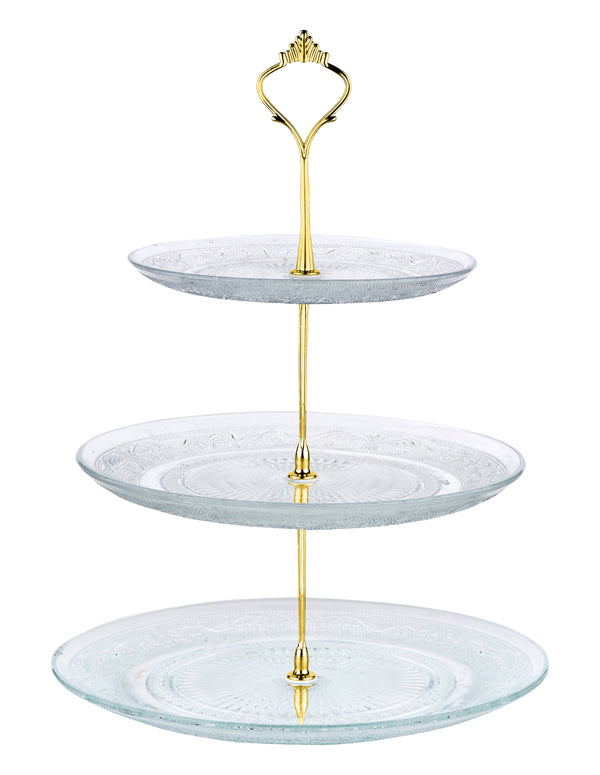 Nyxi Glass 3 Tier Cake Stand Round Display with New Gold Fittings