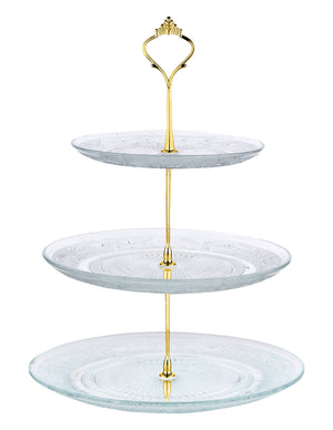 Glass 3 Tier Cake Stand Round Display with New Gold Fittings