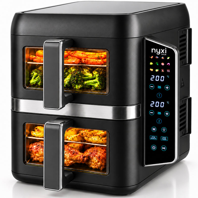 Nyxi 9L Stacked Dual Basket Air Fryer - 2 x 4.5L, 12 Modes, 2400W, Sync Finish - Black