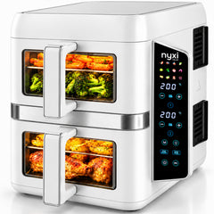 Nyxi 9L Stacked Dual Basket Air Fryer - 2 x 4.5L, 12 Modes, 2400W, Sync Finish - White