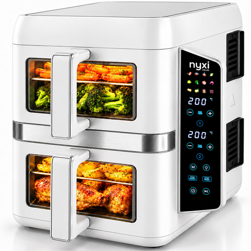 Nyxi 9L Stacked Dual Basket Air Fryer - 2 x 4.5L, 12 Modes, 2400W, Sync Finish - White