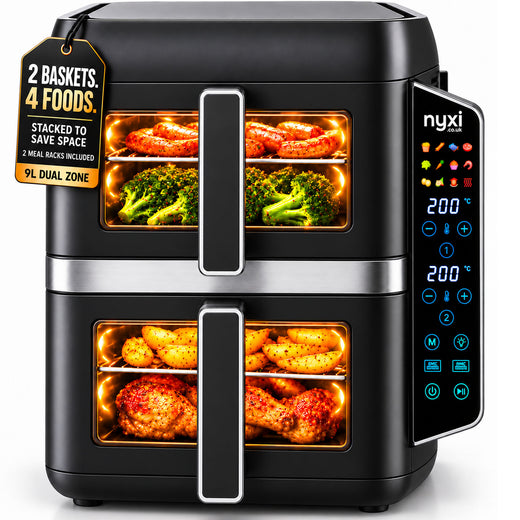 Nyxi 9L Stacked Dual Basket Air Fryer - 2 x 4.5L, 12 Modes, 2400W, Sync Finish - Black