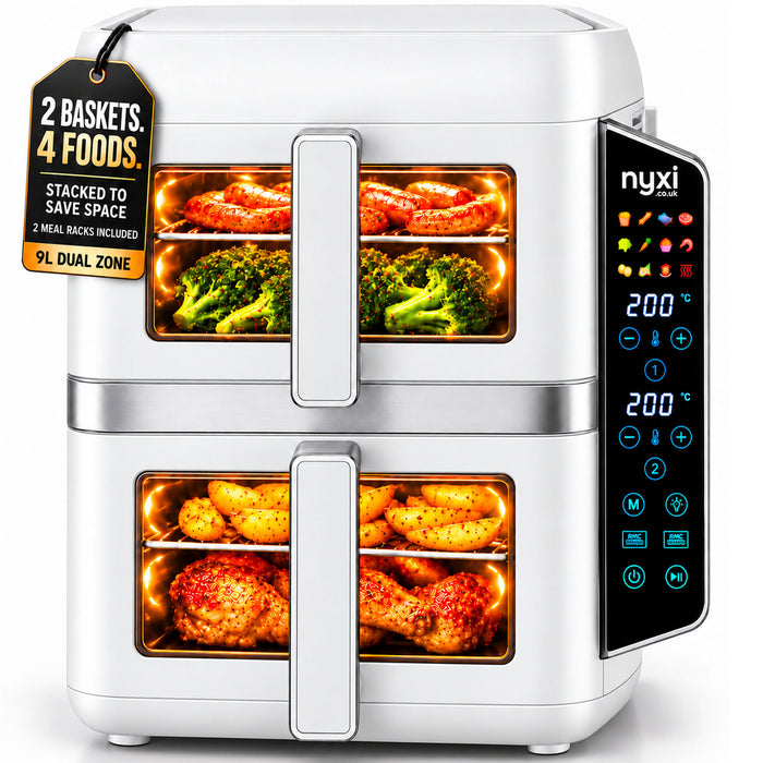 Nyxi 9L Stacked Dual Basket Air Fryer - 2 x 4.5L, 12 Modes, 2400W, Sync Finish - White