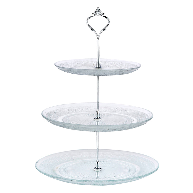Nyxi Glass 3 Tier Cake Stand Round Display with New Silver Fittings