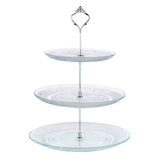 Nyxi Glass 3 Tier Cake Stand Round Display with New Silver Fittings