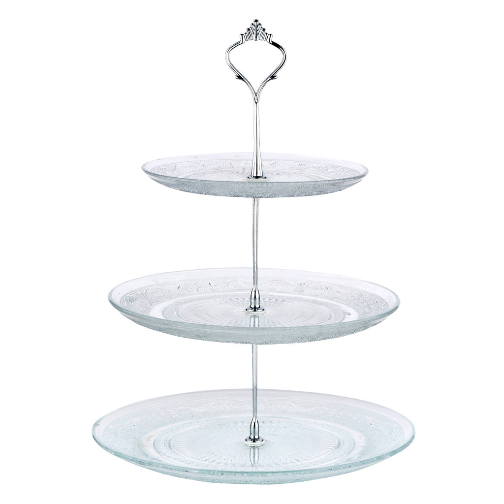 Glass 3 Tier Cake Stand Round Display with New Silver Fittings