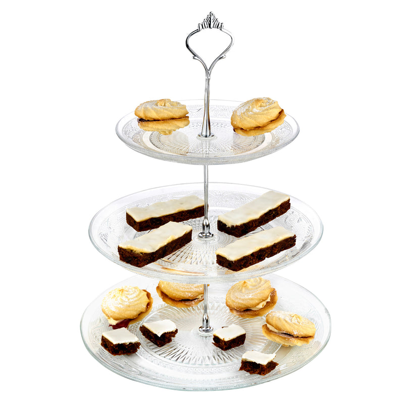 Nyxi Glass 3 Tier Cake Stand Round Display with New Silver Fittings