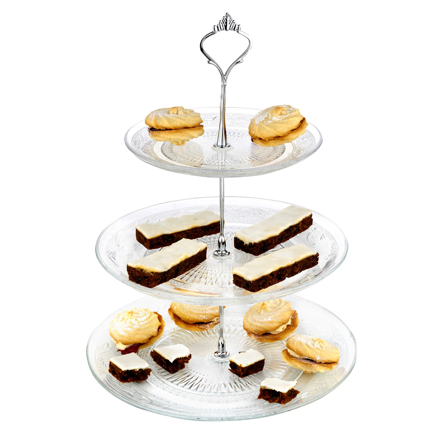 Glass Tier Cake Stand Round Display with New Silver Fittings
