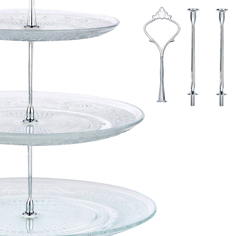Nyxi Glass 3 Tier Cake Stand Round Display with New Silver Fittings