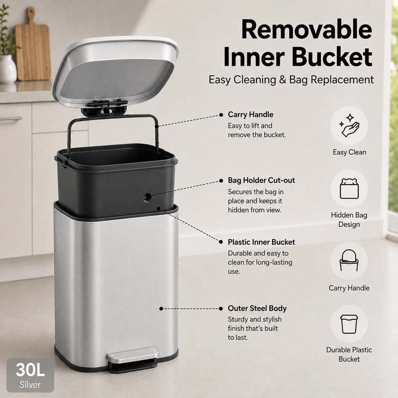 Nyxi 30L Pedal Bin Soft-Close Lid Stainless Steel Durable Design for Home & Office - Silver