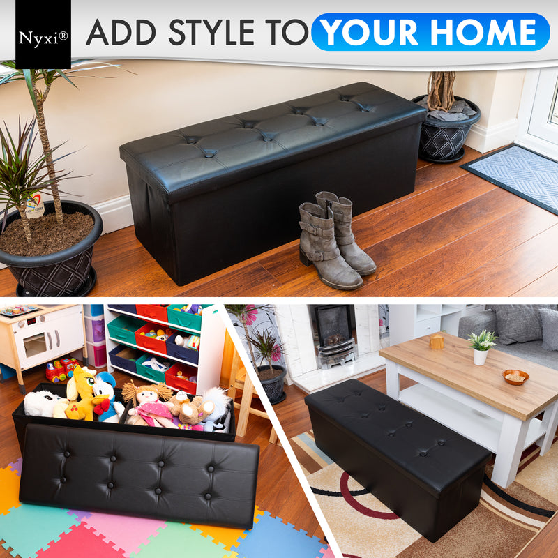 Nyxi Faux Leather Ottoman Storage Box (Black) - 110 * 38 * 38cm
