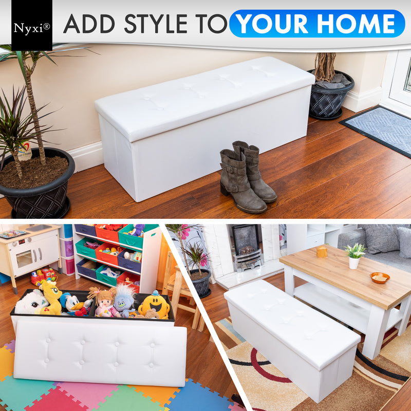 Nyxi Faux Leather Ottoman Storage Box (White) - 110 * 38 * 38cm
