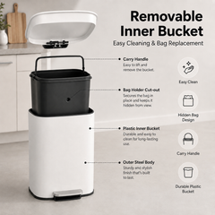 Nyxi 50L Stainless Steel Pedal Bin with Soft-Close Lid ,Fingerprint Resistant - White