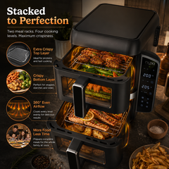 Nyxi 9L Stacked Dual Basket Air Fryer - 2 x 4.5L, 12 Modes, 2400W, Sync Finish - Black
