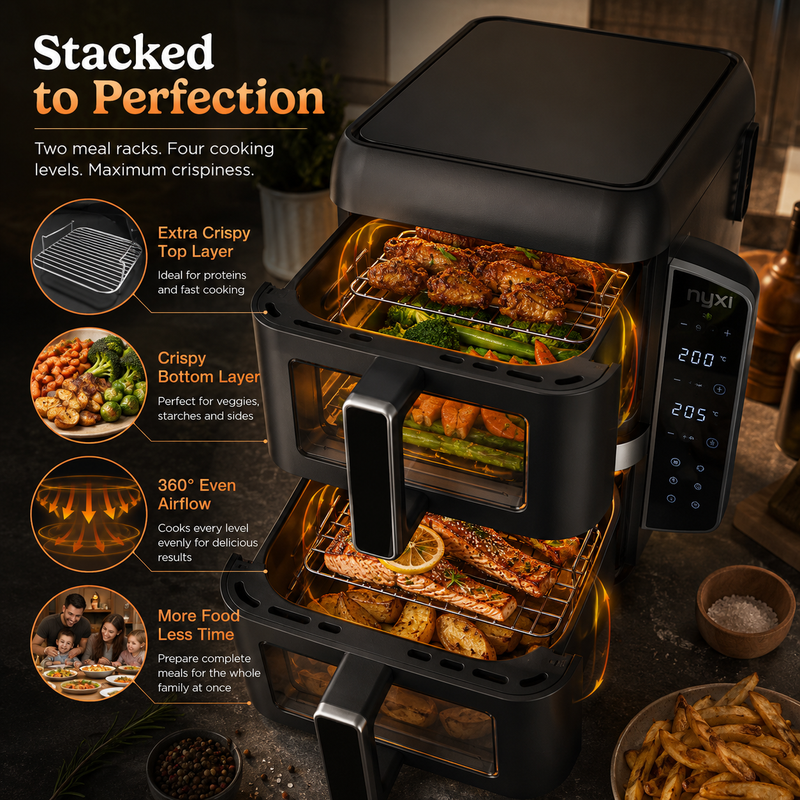 Nyxi 9L Stacked Dual Basket Air Fryer - 2 x 4.5L, 12 Modes, 2400W, Sync Finish - Black