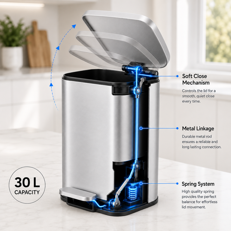 Nyxi 30L Pedal Bin Soft-Close Lid Stainless Steel Durable Design for Home & Office - Silver