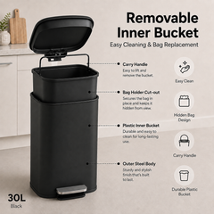 Nyxi 30L Stainless Steel Pedal Bin with Soft-Close Lid, Fingerprint Resistant - Black