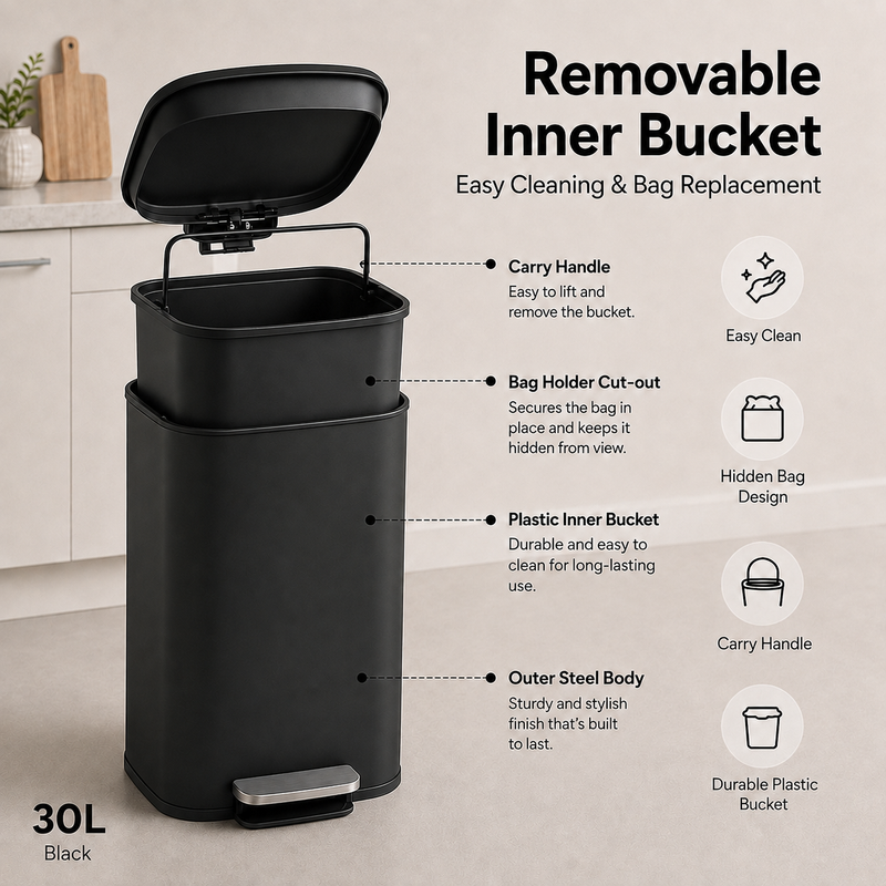 Nyxi 30L Stainless Steel Pedal Bin with Soft-Close Lid, Fingerprint Resistant - Black