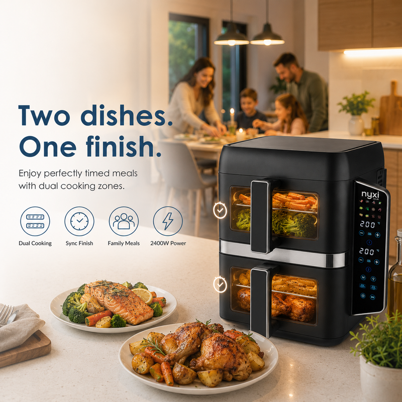 Nyxi 9L Stacked Dual Basket Air Fryer - 2 x 4.5L, 12 Modes, 2400W, Sync Finish - Black