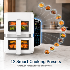 Nyxi 9L Stacked Dual Basket Air Fryer - 2 x 4.5L, 12 Modes, 2400W, Sync Finish - White