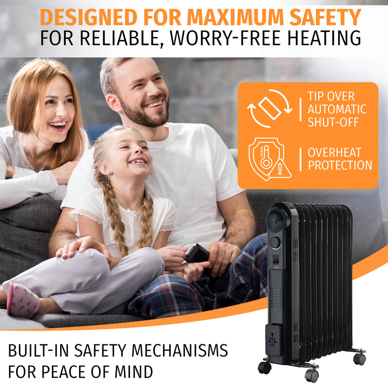 Nyxi 11-Fin Oil Filled 2500W Heater Radiator 3 Power Settings (Black, Model 3898)