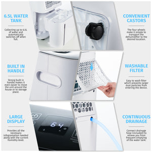 20L Per Day Dehumidifier with Digital Humidity Sensor, XL 6.5L Water Tank. Laundry Drying, Continues Drainage, 24 Hrs Timer
