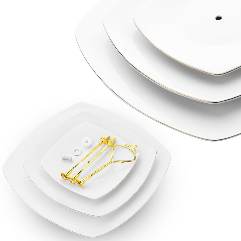 Nyxi 3 Tier Cake Stand White Ceramic Square Plates - Gold Crown Fittings