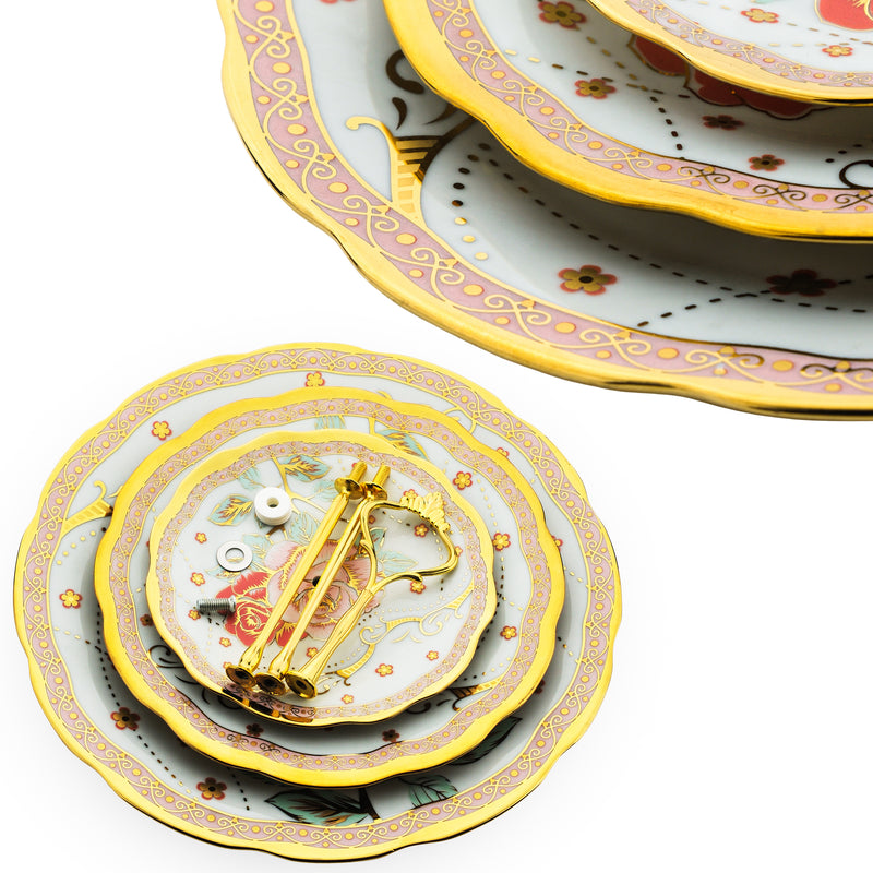 Nyxi Ceramic 3 Tier Floral Cake Stand (Gold)