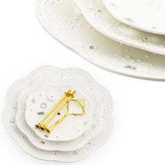 Nyxi 3 Tier Cake Stand White Ceramic Round Plates - Gold Fittings & Gift Box
