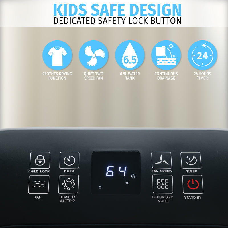 Nyxi 20L Per Day Dehumidifier with Digital Humidity Sensor, XL 6.5L Water Tank