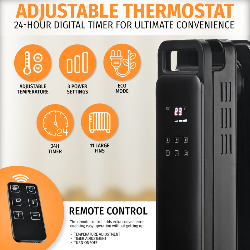 Nyxi 11-Fin Oil Filled Heater 2500W with Remote Control (Black, Model 3904)