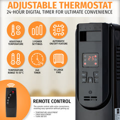 Nyxi 11-Fin Oil Filled Heater 2500W with Remote Control 3 Power Settings (Black, Model 3843)