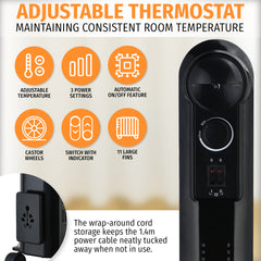 Nyxi 11-Fin Oil Filled 2500W Heater Radiator 3 Power Settings (Black, Model 3898)
