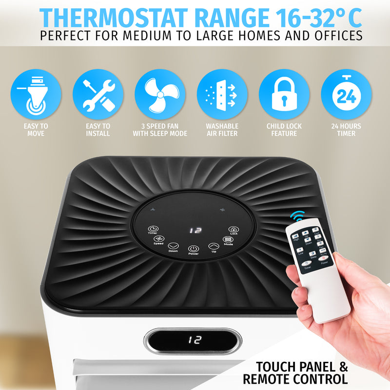 Nyxi 9000 BTU Portable Air Conditioner 3-in-1 AC, Cooling Fan & 24L/Day Dehumidifier, Remote Control, Window Kit, 24Hr Timer, Energy Class A