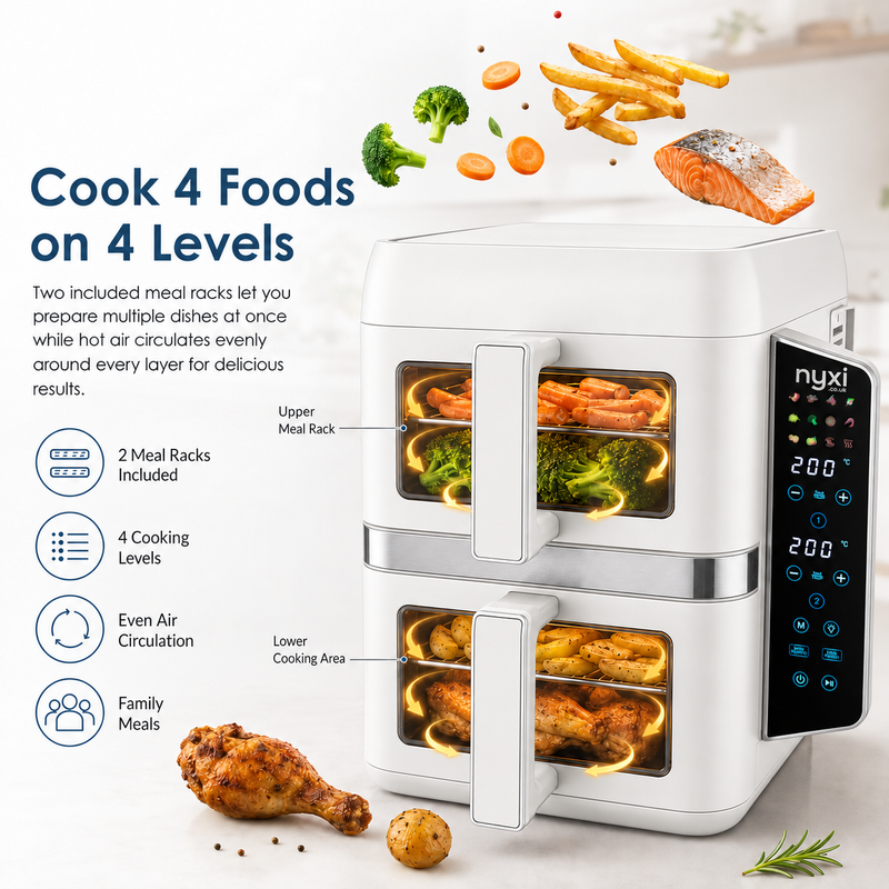 Nyxi 9L Stacked Dual Basket Air Fryer - 2 x 4.5L, 12 Modes, 2400W, Sync Finish - White