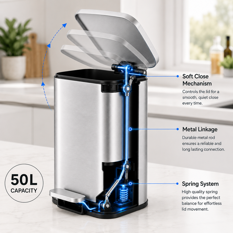 Nyxi 50L Stainless Steel Pedal Bin with Soft-Close Lid ,Fingerprint Resistant - Silver