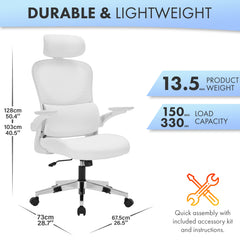 Nyxi Office Chair Ergonomic Computer Desk, Work & Study Chair, High Mesh Back, Foldable 3D Armrests (White, Model 782)