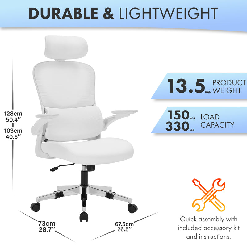 Nyxi Office Chair Ergonomic Computer Desk, Work & Study Chair, High Mesh Back, Foldable 3D Armrests (White, Model 782)
