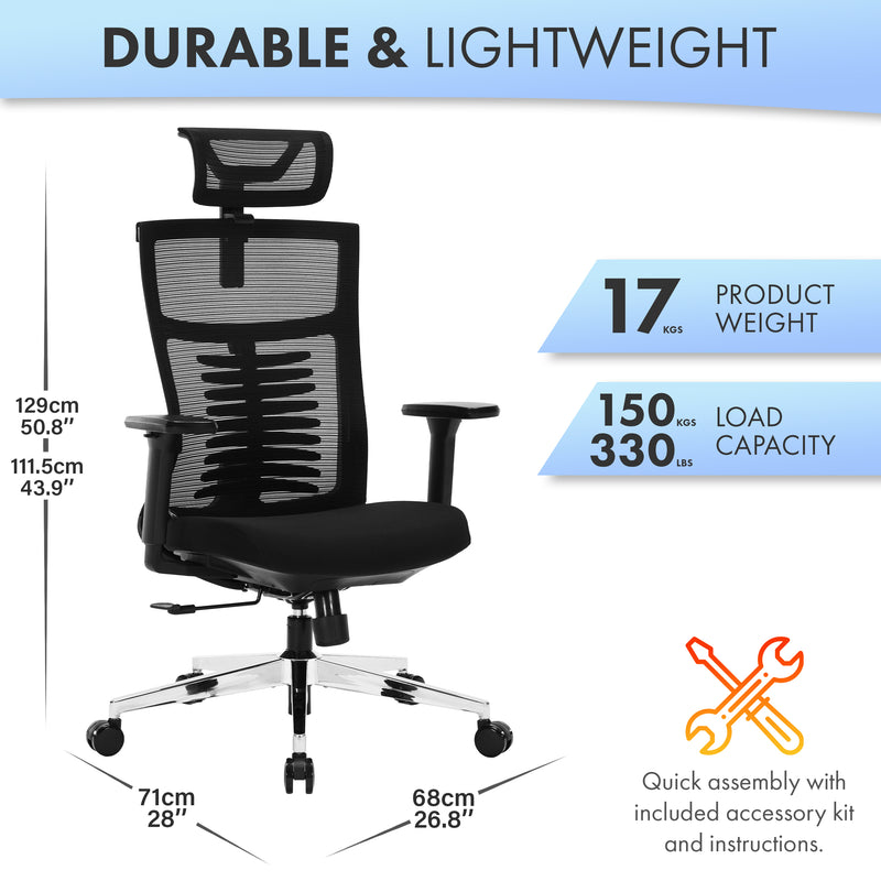 Nyxi Office Chair Premium Ergonomic Foam Seat, 3D Armrests, Headrest & Lumbar Support, 3-Angle Locking (Black)