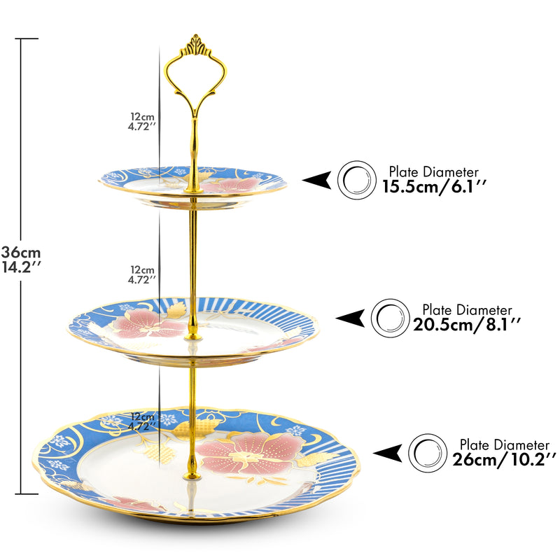 Nyxi Ceramic 3 Tier Floral Cake Stand (Blue)