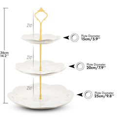 Nyxi 3 Tier Cake Stand White Ceramic Round Plates - Gold Fittings & Gift Box