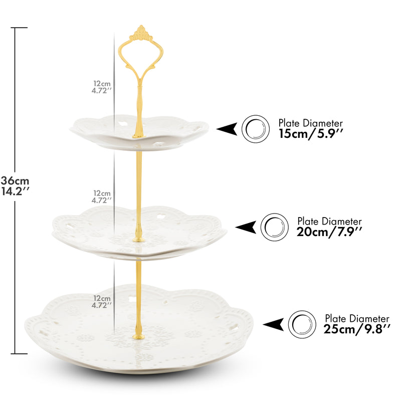 Nyxi 3 Tier Cake Stand White Ceramic Round Plates - Gold Fittings & Gift Box