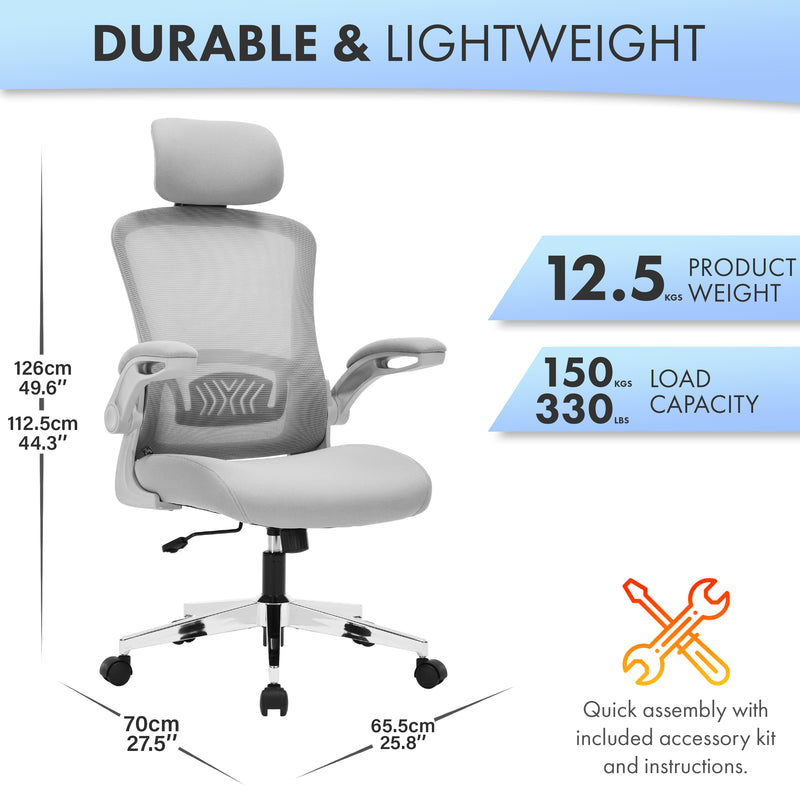 Nyxi Ergonomic Office Chair for Work, Computer Desk & Study, High Back Mesh Chair with Foldable Armrests (Grey, Model 751)