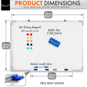 Whiteboard 90cm X 60cm with 6 X Markers 10 Magnets 1 X Duster