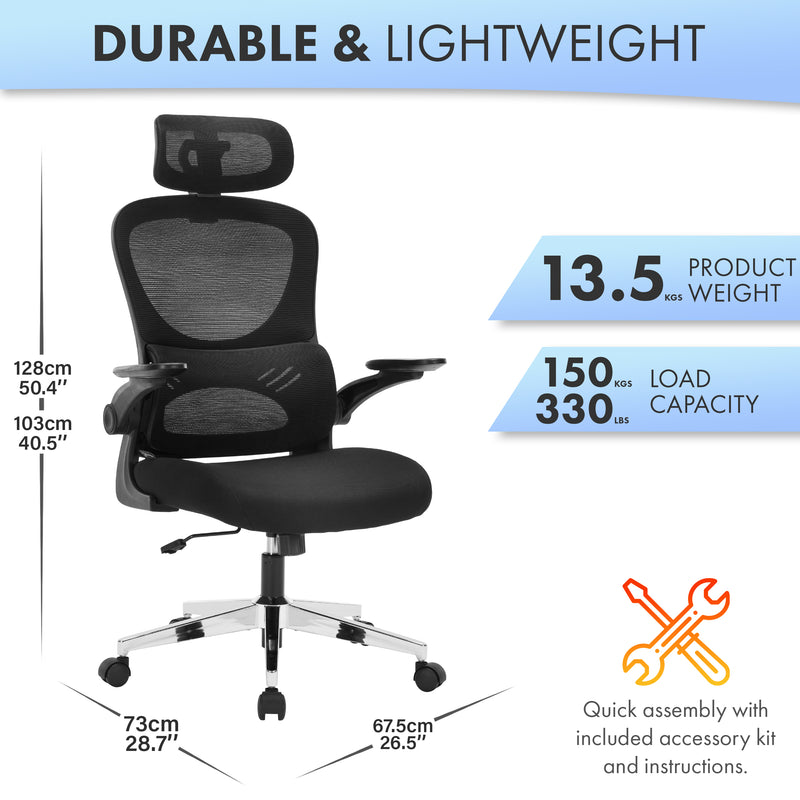Nyxi Office Chair Ergonomic Computer Desk, Work & Study Chair, High Mesh Back, Foldable 3D Armrests (Black, Model 768)