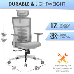 Nyxi Office Chair Premium Ergonomic Foam Seat, 3D Armrests, Headrest & Lumbar Support, 3-Angle Locking (Grey)