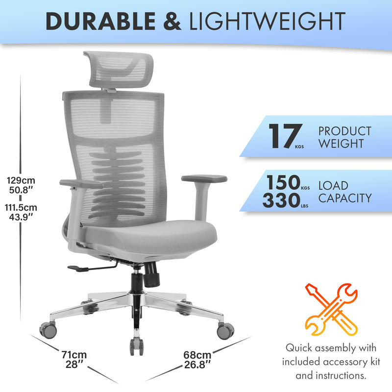 Nyxi Office Chair Premium Ergonomic Foam Seat, 3D Armrests, Headrest & Lumbar Support, 3-Angle Locking (Grey)