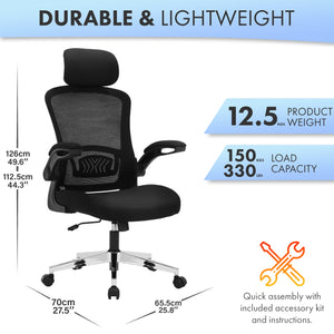 Ergonomic Office Chair for Work, Computer Desk & Study, High Back Mesh Chair with Foldable Armrests (Black, Model 744)