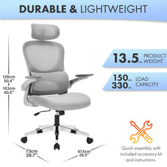 Nyxi Office Chair Ergonomic Computer Desk, Work & Study Chair, High Mesh Back, Foldable 3D Armrests (Grey, Model 775)